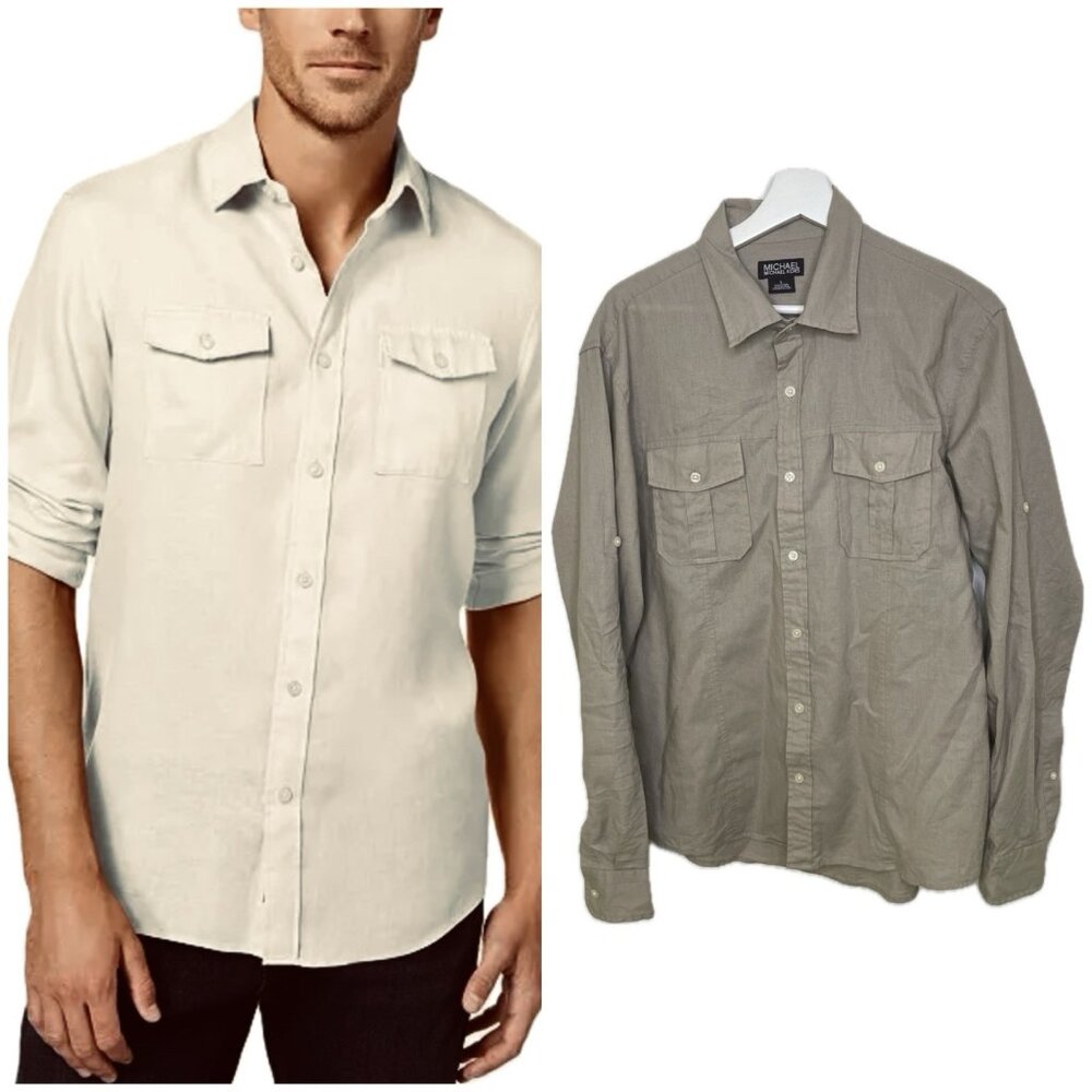 Michael Kors Men's Classic-Fit Roll-Up Linen Shirt Khaki L